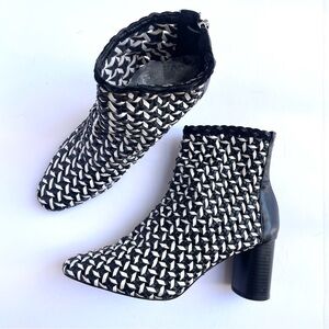 Zara Black and White Leather Woven Ankle Heeled Boots